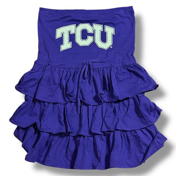 Y2K NOS TCU Mini Strapless Dress Womens Ruffled Layered Purple White Logo Size M - Picture 1 of 8